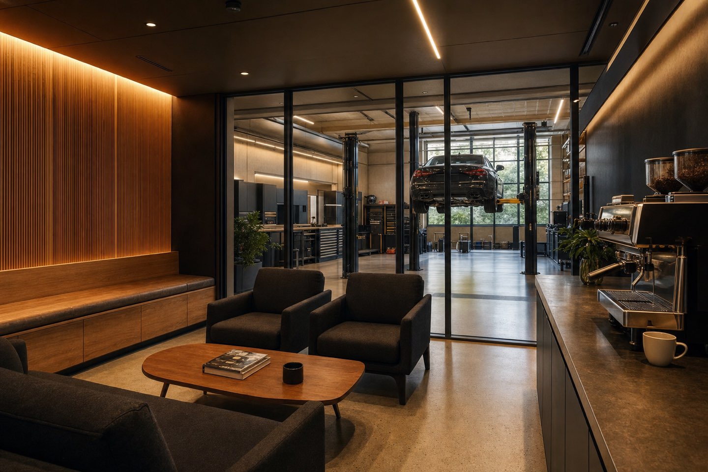 The customer lounge looking into the workshop
