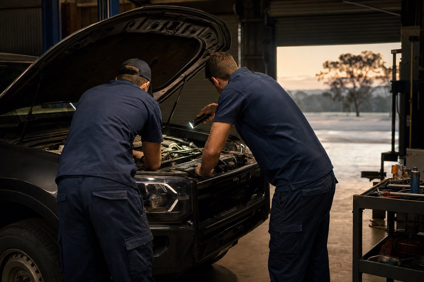 Technicians working over an engine bay in the workshop