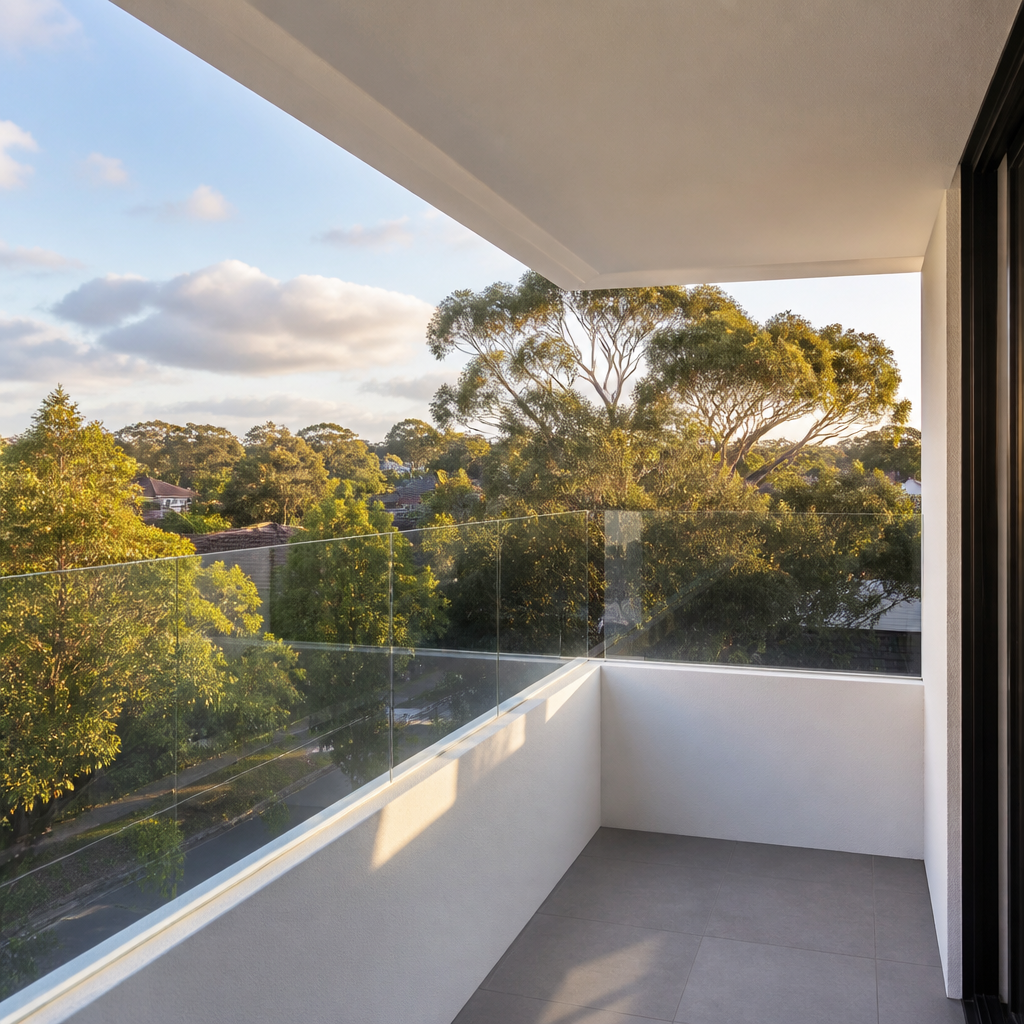 Apartment balcony freshly painted with glass railing