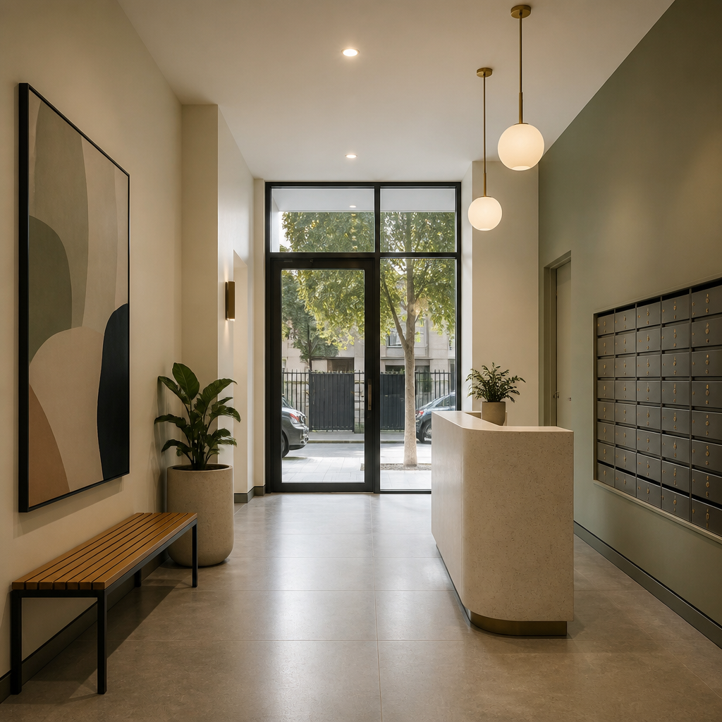 Freshly painted apartment building lobby — modern neutral finish