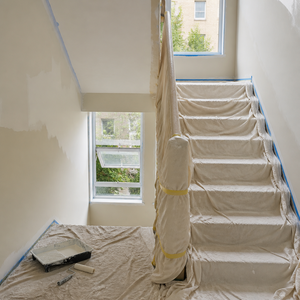 Apartment stairwell mid-repaint with drop sheets