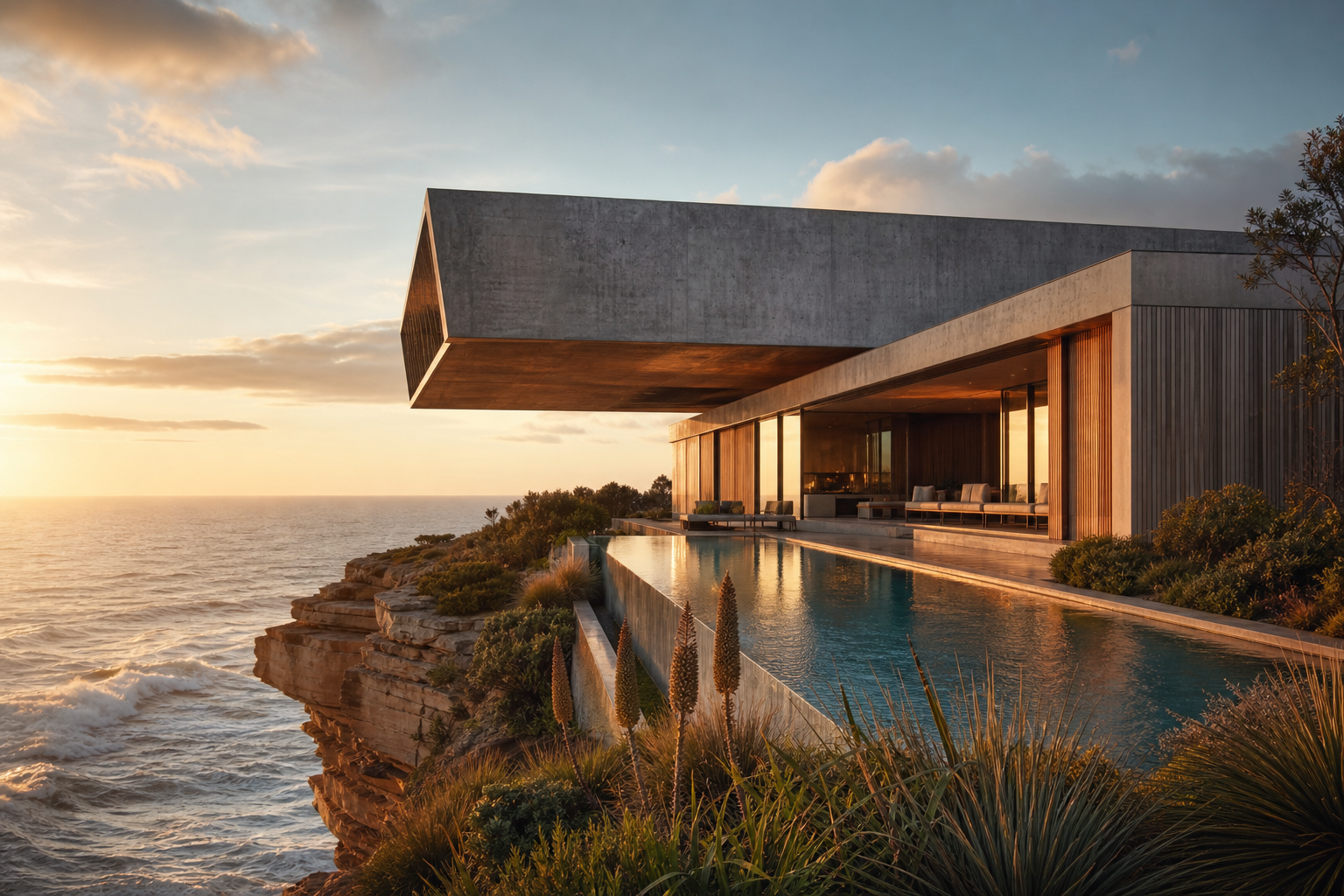 Cantilevered Sydney clifftop residence at golden hour