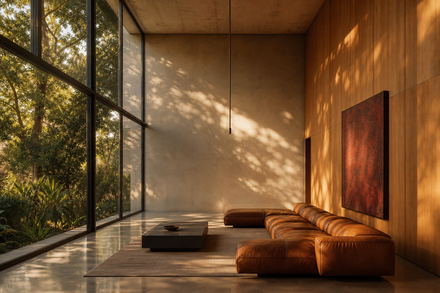 Atmospheric Sydney interior with full-height windows and tan leather
