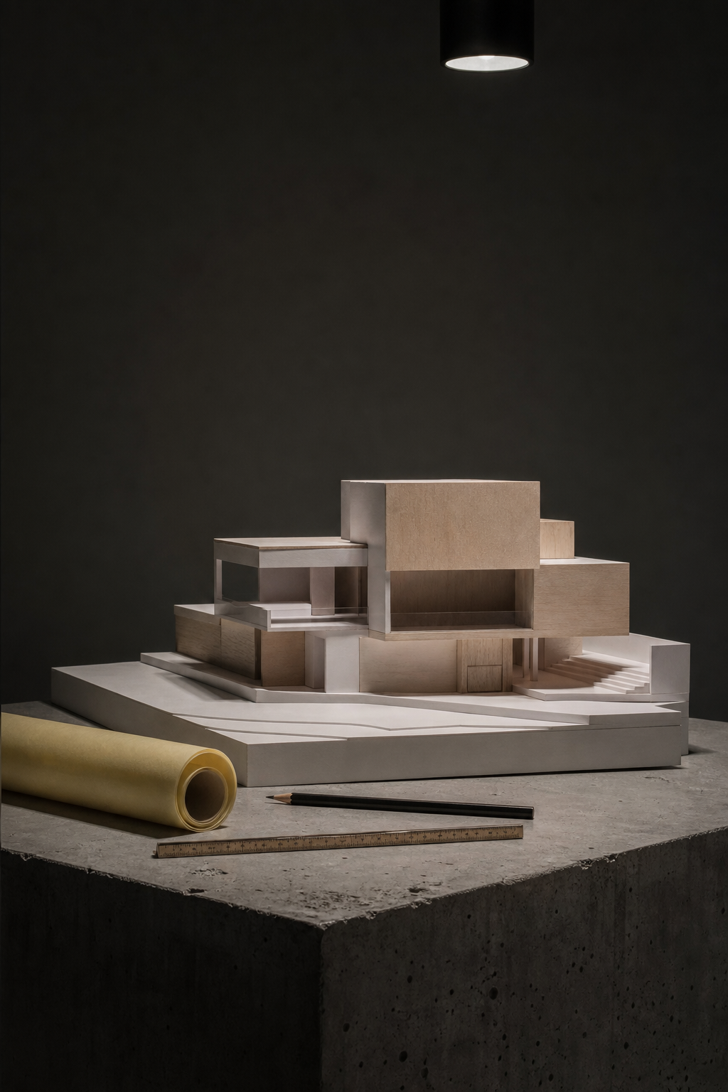 Architectural massing model on a concrete plinth under a single spotlight