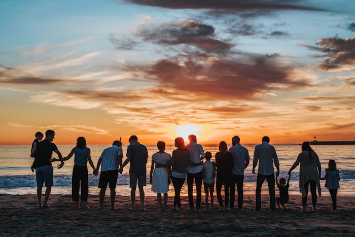 Whole family holding hands at sunset