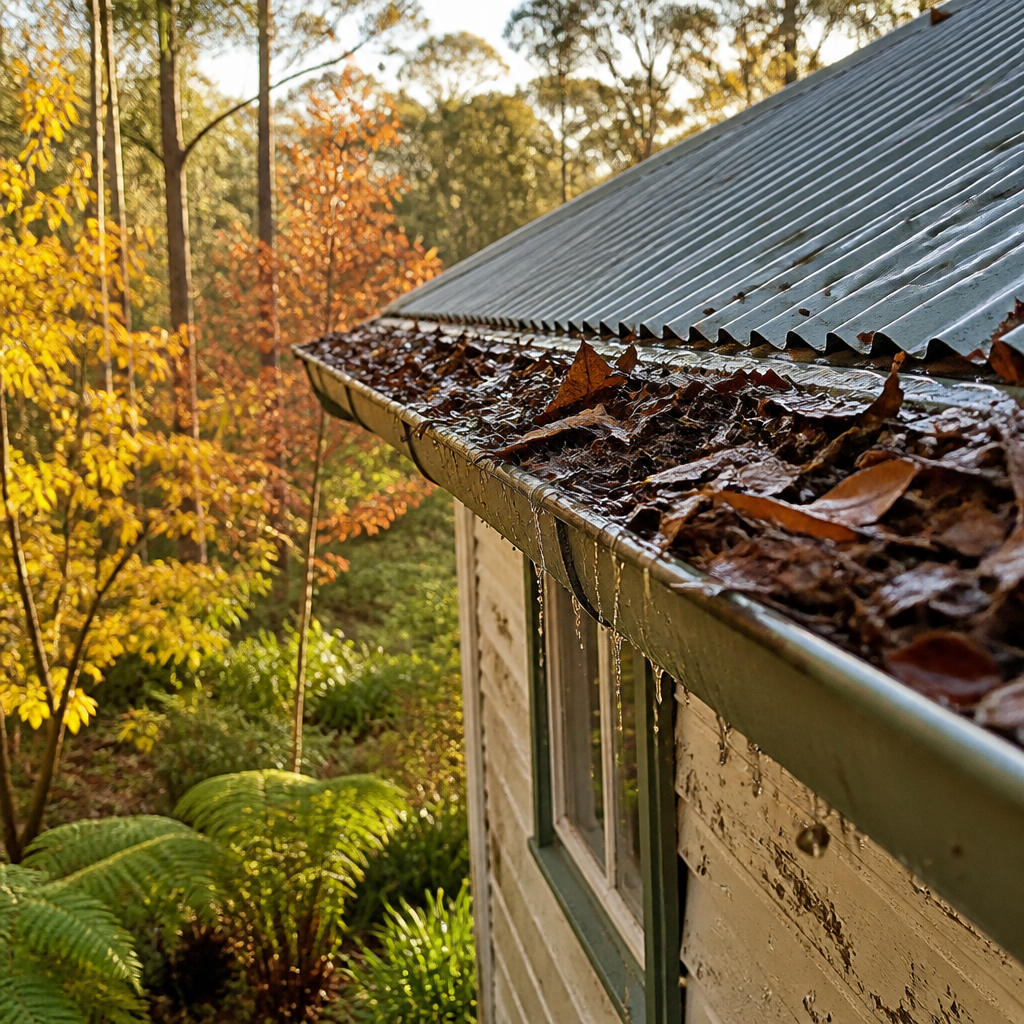 Blocked gutter with autumn debris