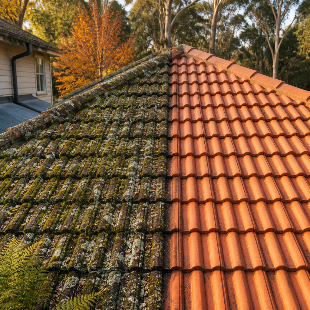 Roof half moss-covered, half clean