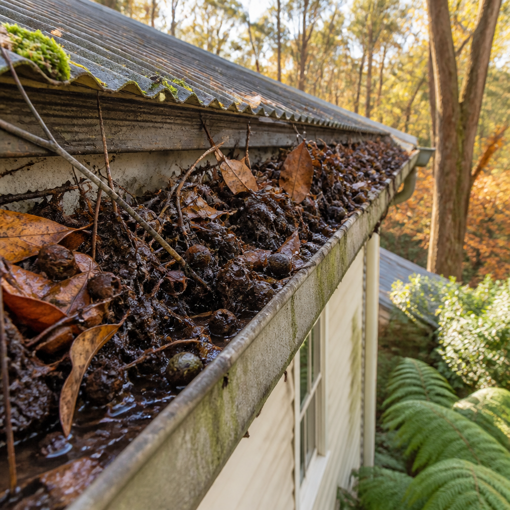 Gutter packed with leaves and debris