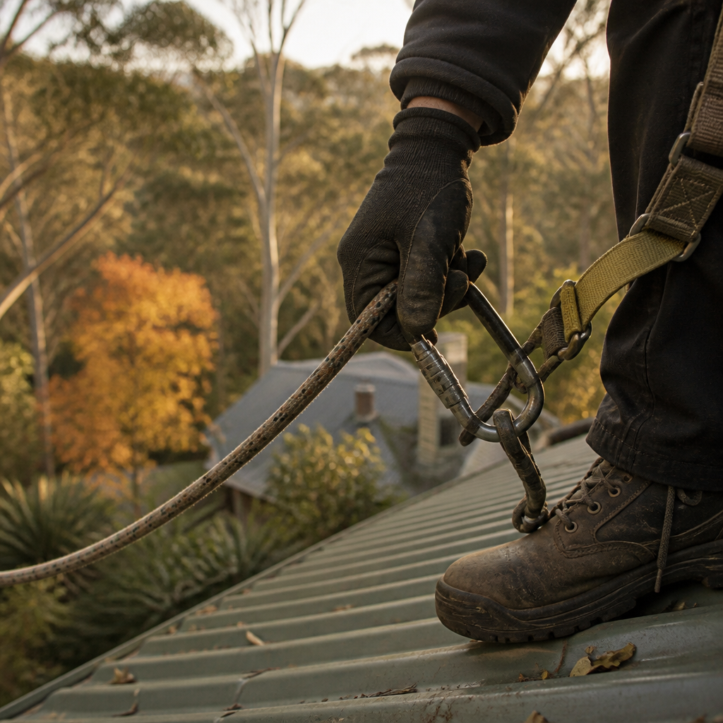 Safe at heights, harness on the roof edge